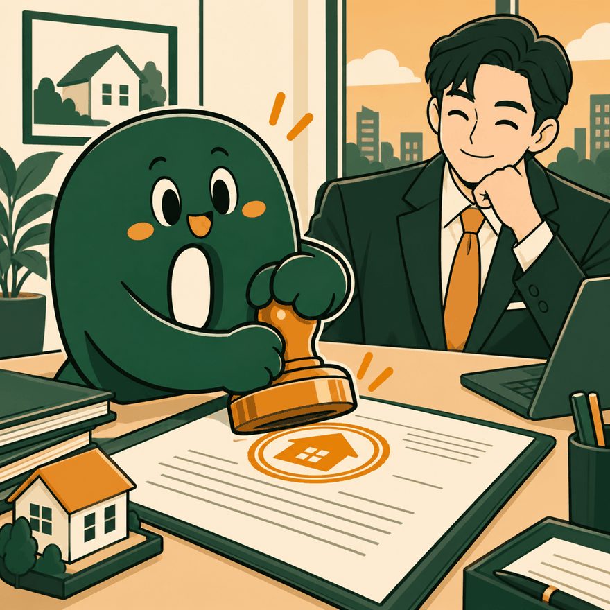 계약서에 도장을 찍는 빵이와 공인중개사
